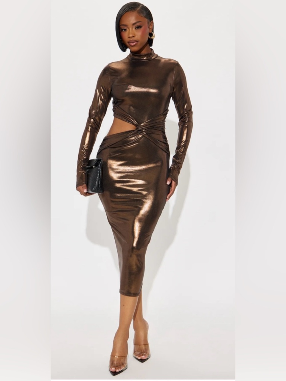 Metallic Bronze Twist-Cutout Midi Dress
